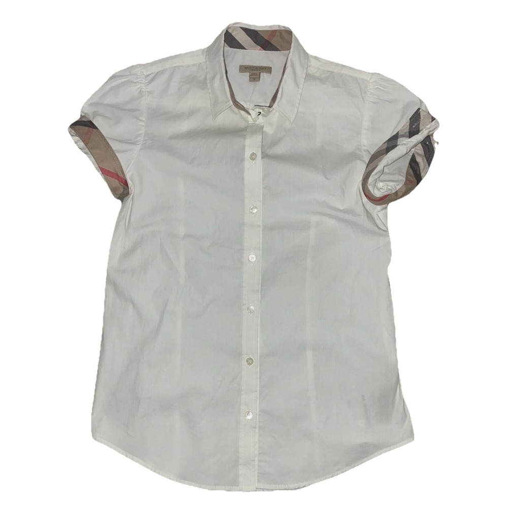 Burberry Brit Shirt Women's S White Check Collar Puff Sleeve Blouse NEW *spot
